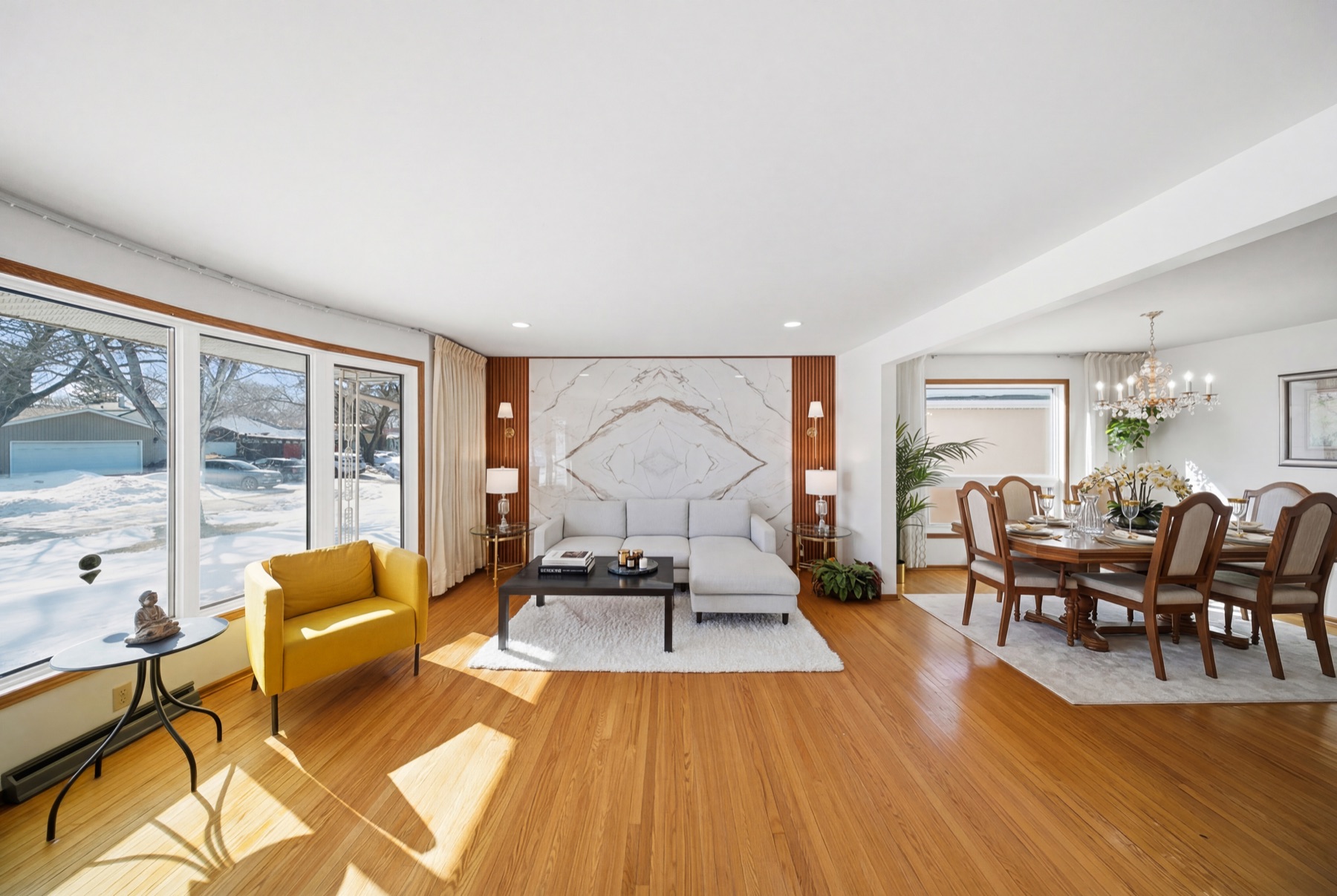 Living room with feature wall and potlights